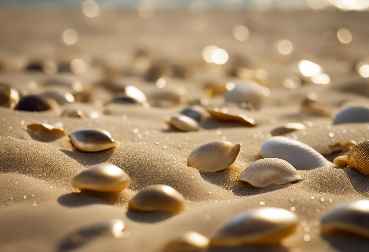 Golden sand stretches along the shore, scattered with shells of all shapes and sizes. Gentle waves roll in, revealing more treasures for beachcombers