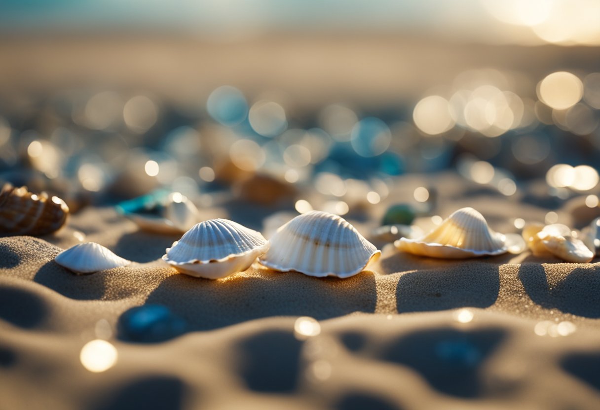 Shells scattered on sandy beach, waves gently lapping. Sunlight glints off smooth surfaces, creating a colorful mosaic