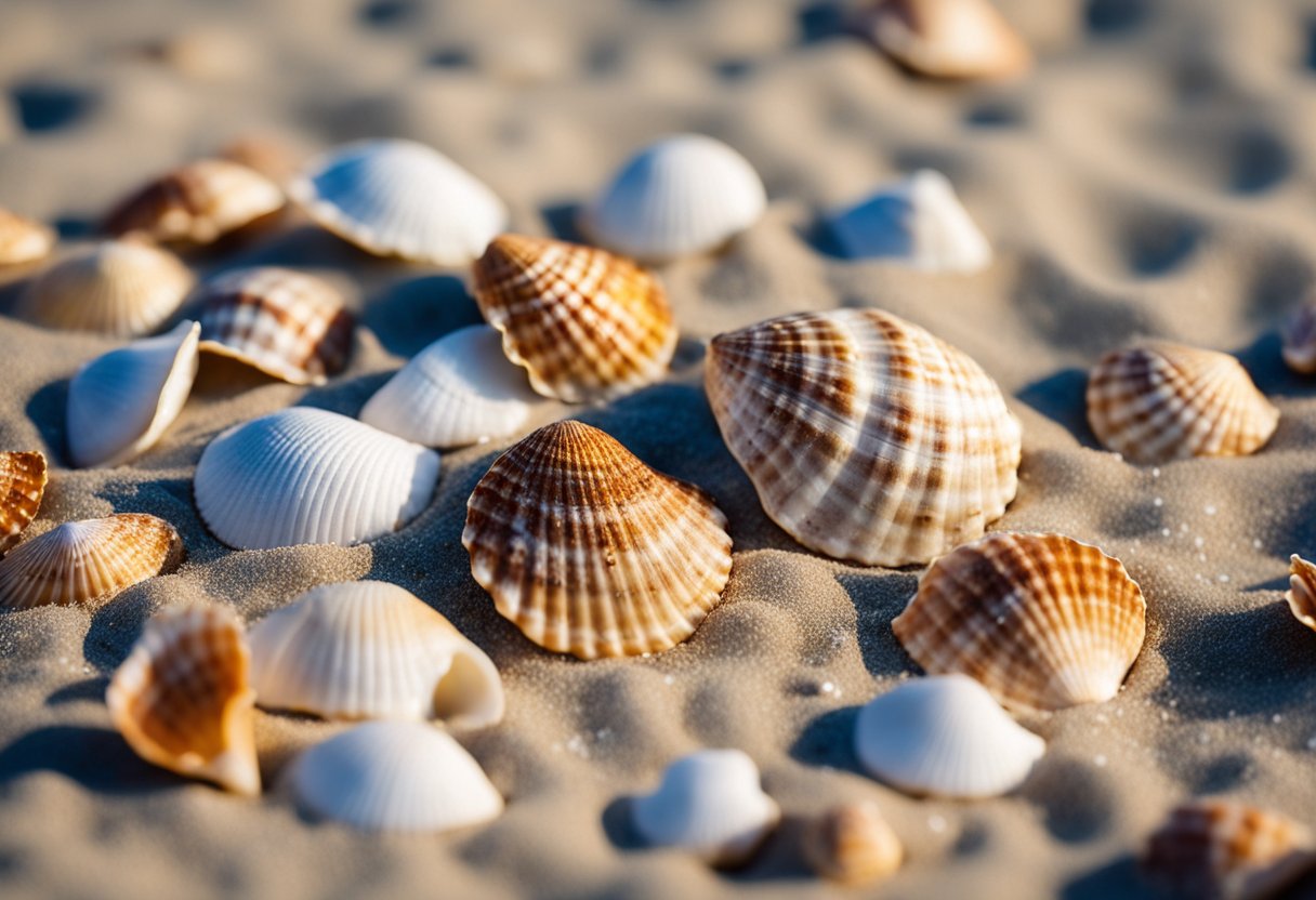 Glistening seashells cover the sandy shore, scattered in abundance under the warm Florida sun. Waves gently wash over the beach, revealing a treasure trove of colorful and unique shells