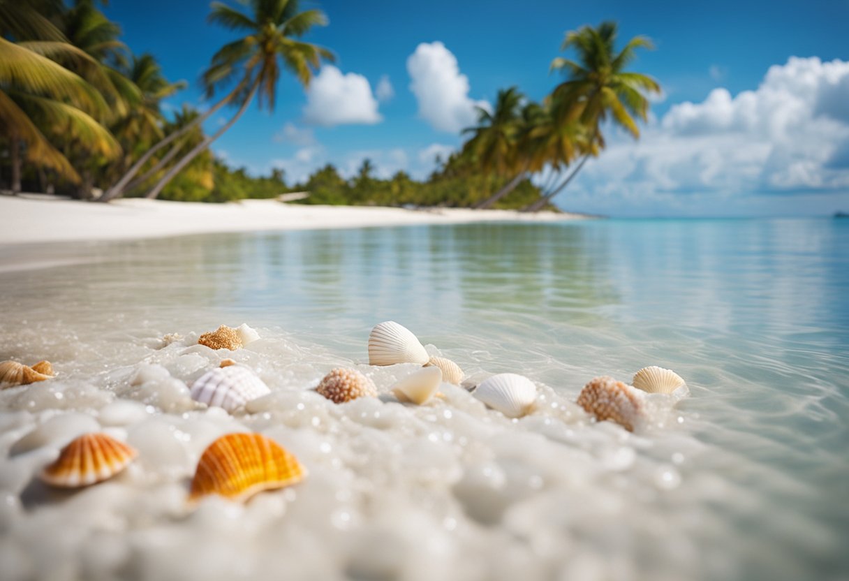 Crystal clear water gently laps against the pristine white sand, revealing an array of colorful seashells scattered along the shore. Palm trees sway in the breeze, framing the idyllic scene