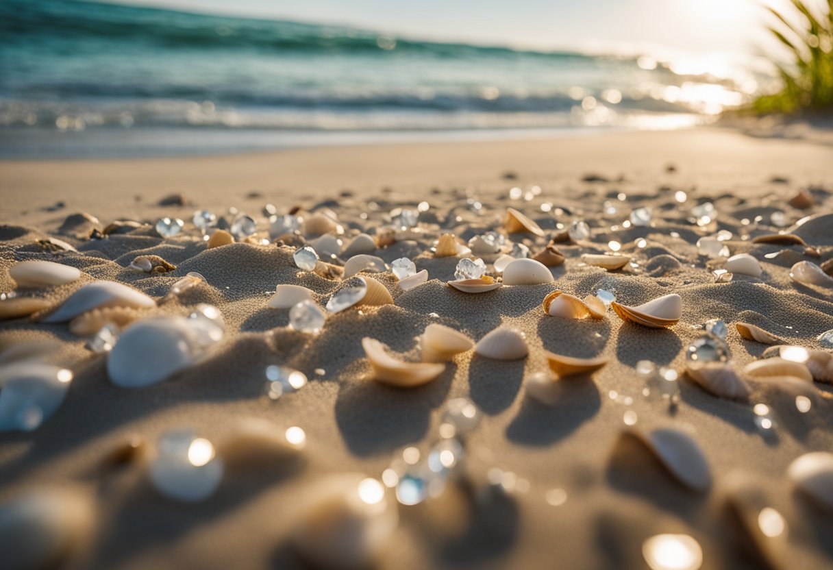 Sandy shorelines lined with seashells, crystal clear waters, and lush greenery. A serene beachscape with a focus on the natural beauty of Florida's top shelling beaches