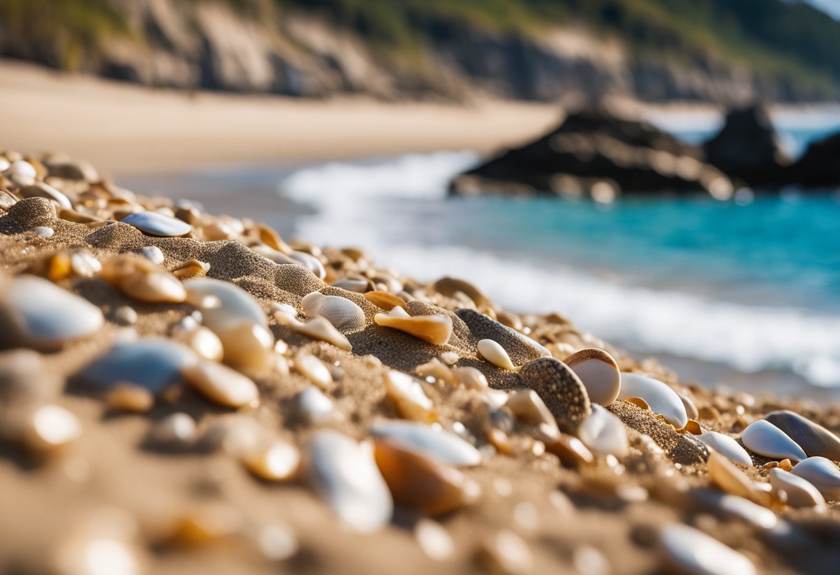 Golden sand stretches along the shore, scattered with colorful shells and driftwood. Waves gently roll in, revealing treasures at low tide. Rocky cliffs frame the scene, with a clear blue sky overhead