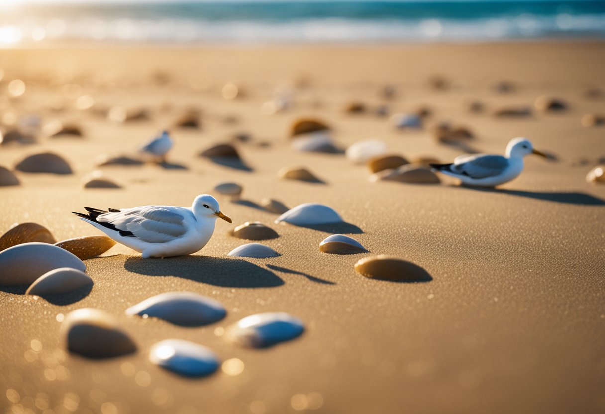 Golden sand stretches along the shore, scattered with colorful shells. Waves gently kiss the beach, while seagulls soar overhead. A picturesque scene of tranquility and natural beauty