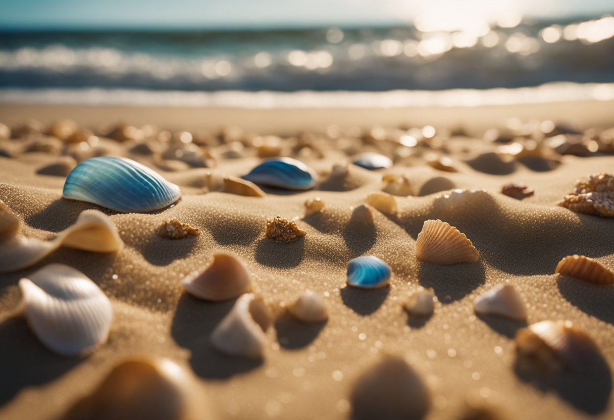 Golden sand stretches along the coastline, scattered with colorful seashells. Waves gently lap at the shore, while the clear blue sky meets the horizon