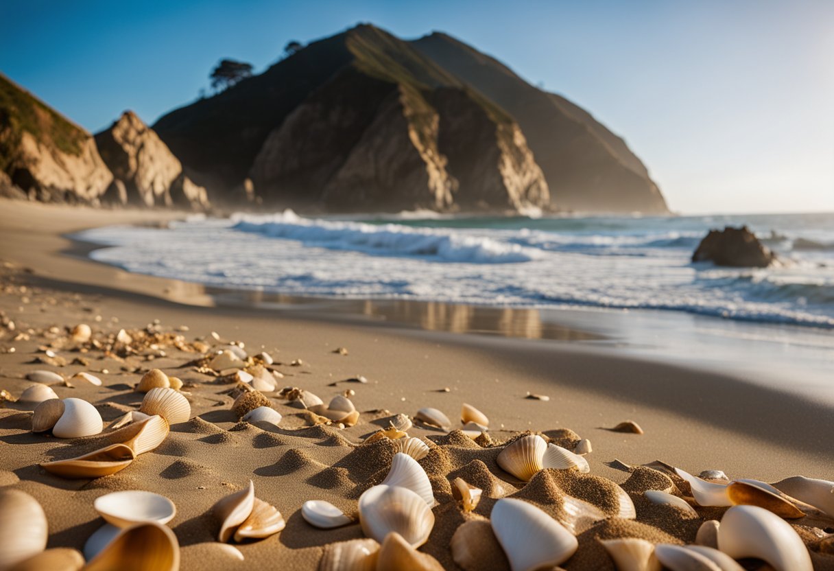 Golden sand, rugged cliffs, and crashing waves at Pfeiffer Beach, Big Sur. Shells scattered along the shore