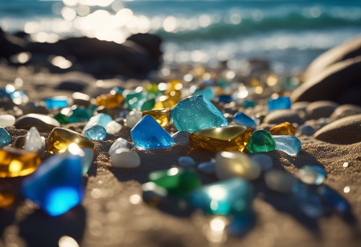 Colorful glass pieces cover the shore, sparkling in the sun. Waves gently crash, revealing more treasures. Rocky cliffs frame the beach, creating a stunning backdrop