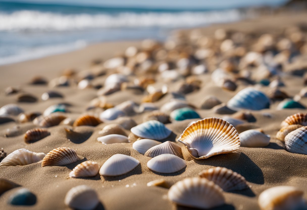 Colorful seashells cover the sandy shore at Shell Beach, Pismo Beach. Waves gently roll in, creating a serene backdrop for beachcombing