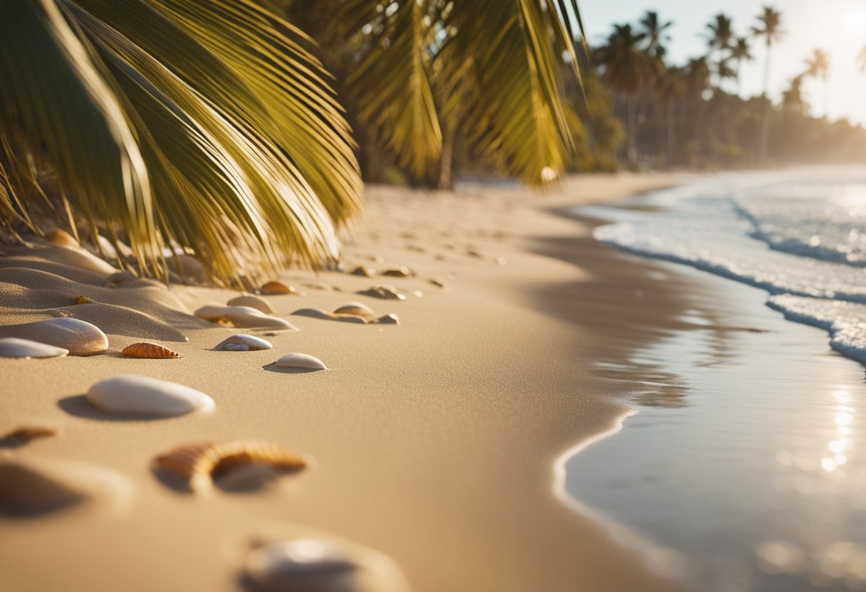 Golden sand stretches along the shore, scattered with colorful seashells. Gentle waves lap at the beach, while palm trees sway in the breeze. A serene paradise for beachcombers