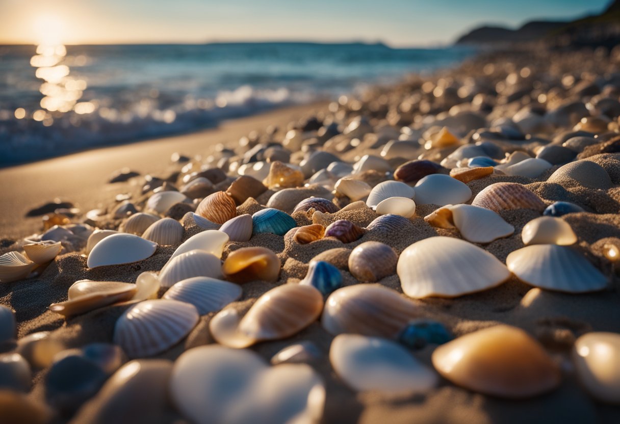 Gentle waves wash over a sandy shore littered with colorful shells. Rocky cliffs rise in the background, with the sun casting a warm glow over the scene