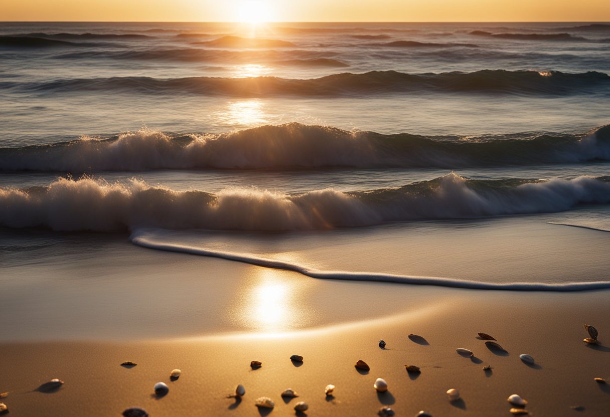 The sun sets over Silver Strand State Beach, casting a golden glow on the sandy shore dotted with colorful seashells. Waves gently lap at the coastline, creating a serene and picturesque scene for beachcombers