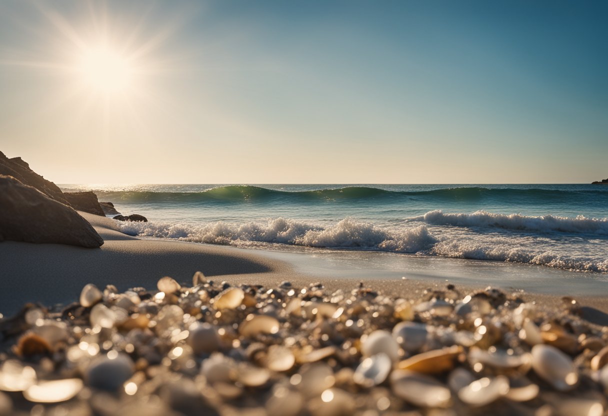 Sandy beach with scattered shells, ocean waves crashing, rocky cliffs in background. Crystal Cove State Park, Laguna Beach