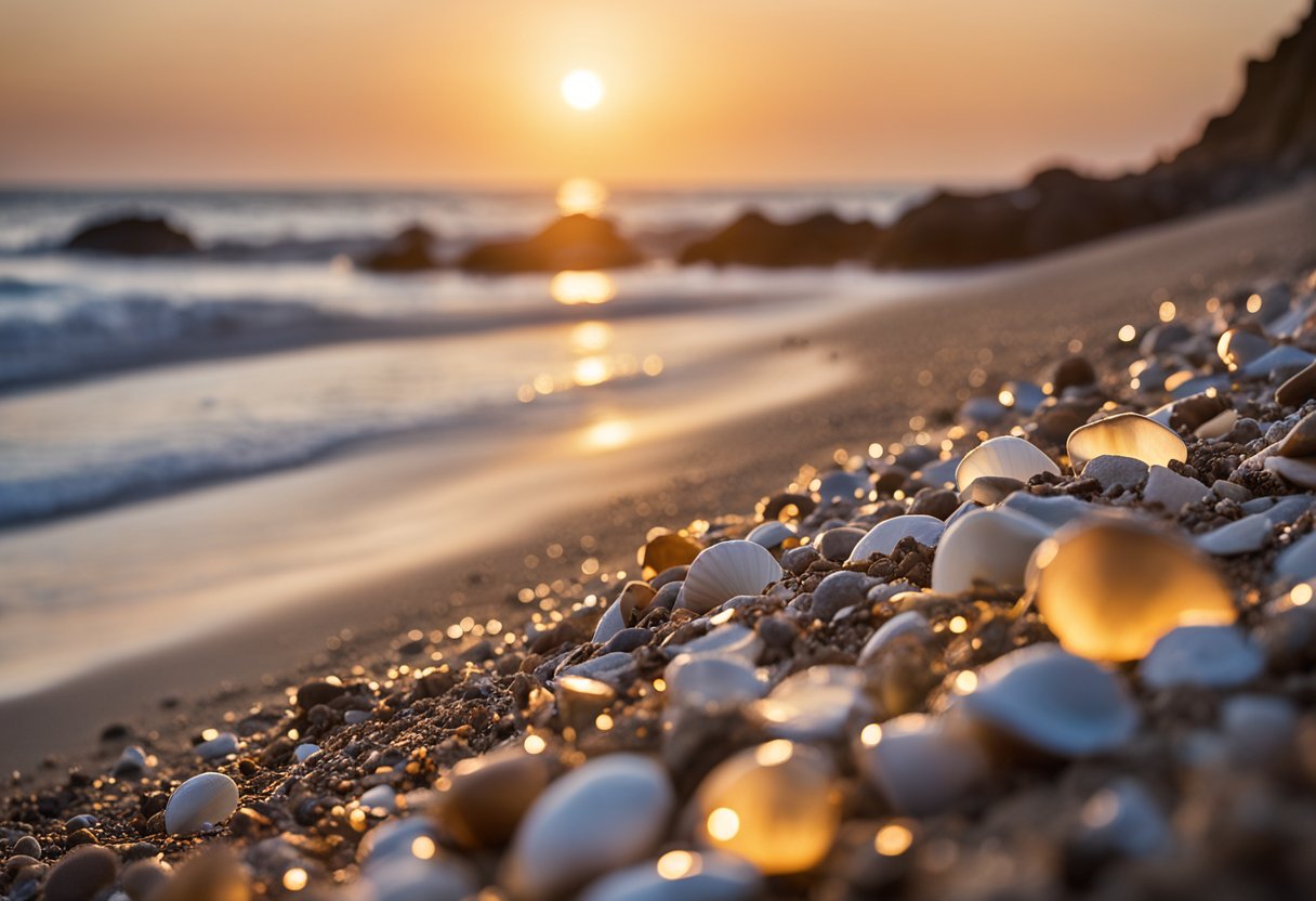 The sun sets over Moonstone Beach, casting a warm glow on the rugged coastline. Shells of all shapes and sizes litter the sandy shore, creating a picturesque scene for any beachcomber