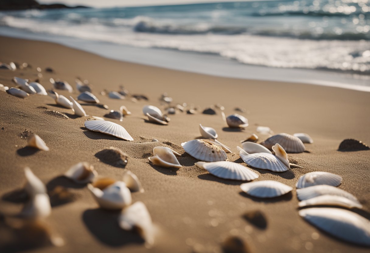 Shells scattered on sandy beach, waves gently lapping at shore. Seagulls flying overhead, rocky cliffs in the distance