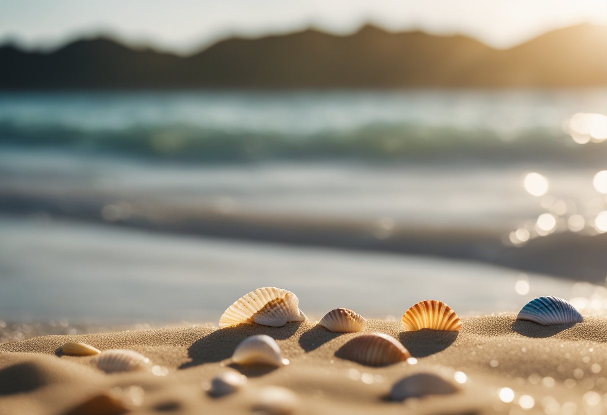 Sandy shores stretch along the coast, waves gently lapping at the shore. Colorful shells dot the beach, scattered among the golden sand. Sunlight glistens on the water, creating a serene and picturesque scene