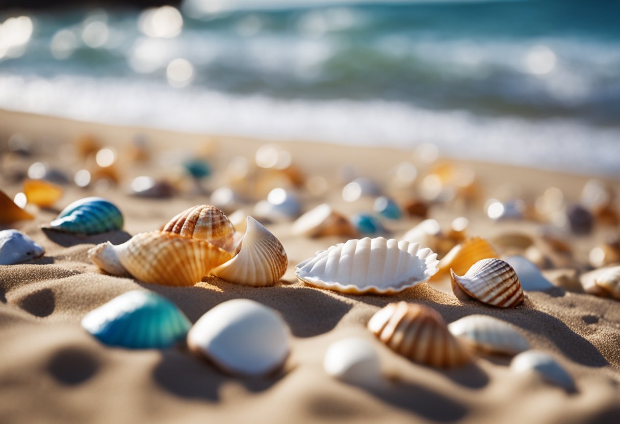 Colorful shells scattered on sandy beach, waves gently lapping, seagulls in the distance