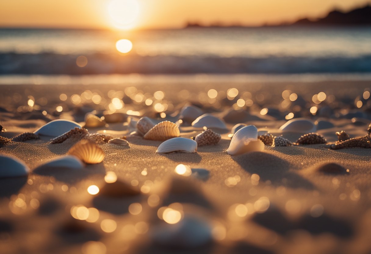 The sun sets over a sandy beach, with waves gently crashing against the shore. Seashells of various shapes and sizes are scattered across the sand, glinting in the fading light