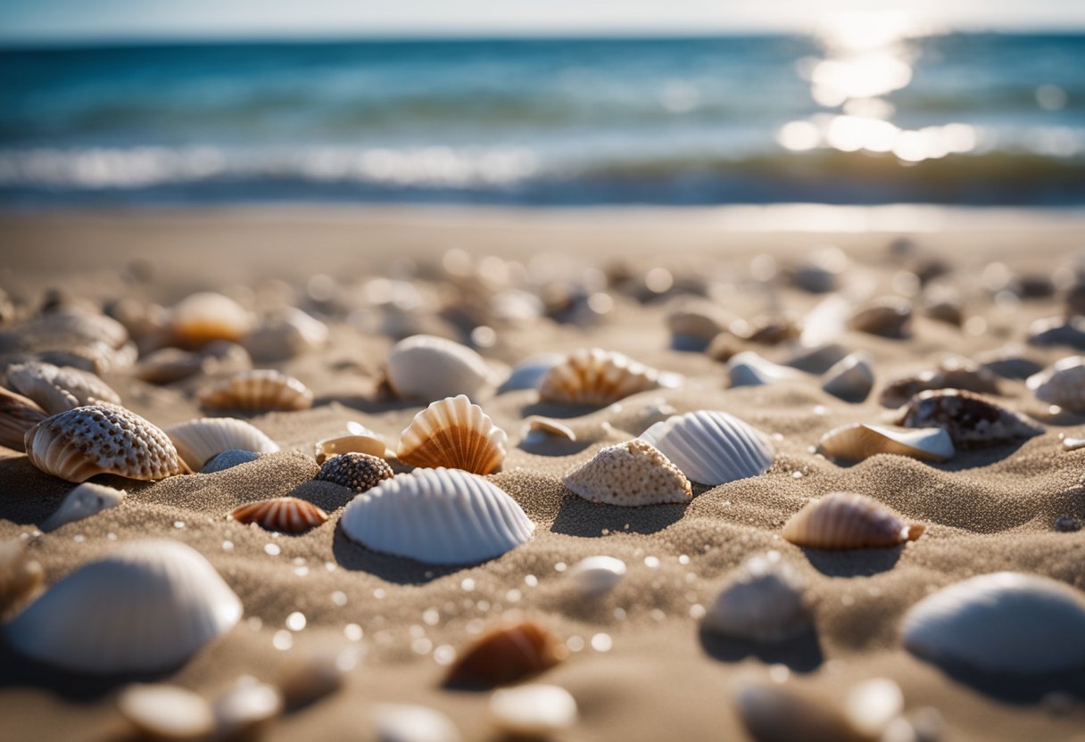 Sandy shorelines dotted with colorful shells, gentle waves lapping at the beach, and a clear blue sky overhead