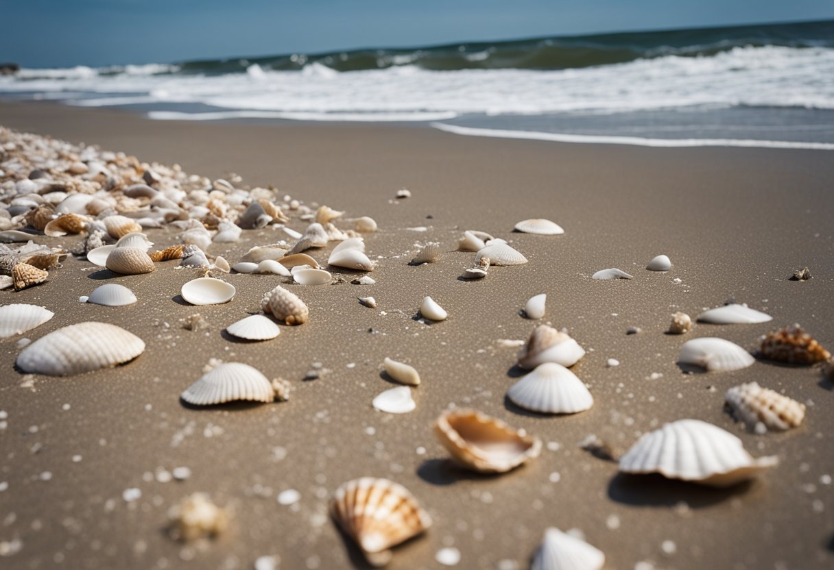 Sandy shoreline with scattered seashells, crashing waves, and distant beachgoers at Jones Beach State Park, New York