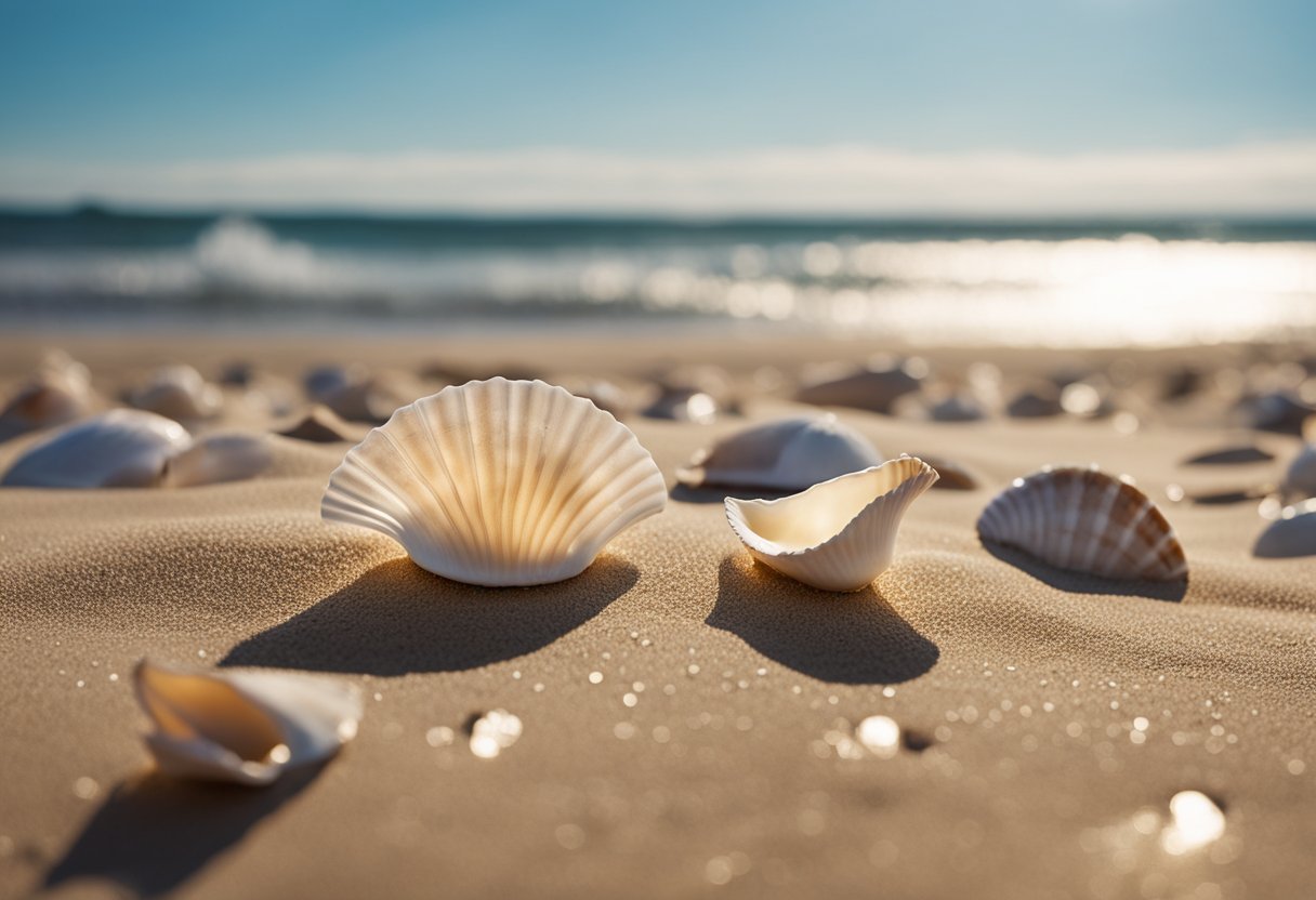 Seashells scattered along sandy shore, with waves gently washing up. Dunes in background, seagulls flying overhead. Bright sun and clear blue sky