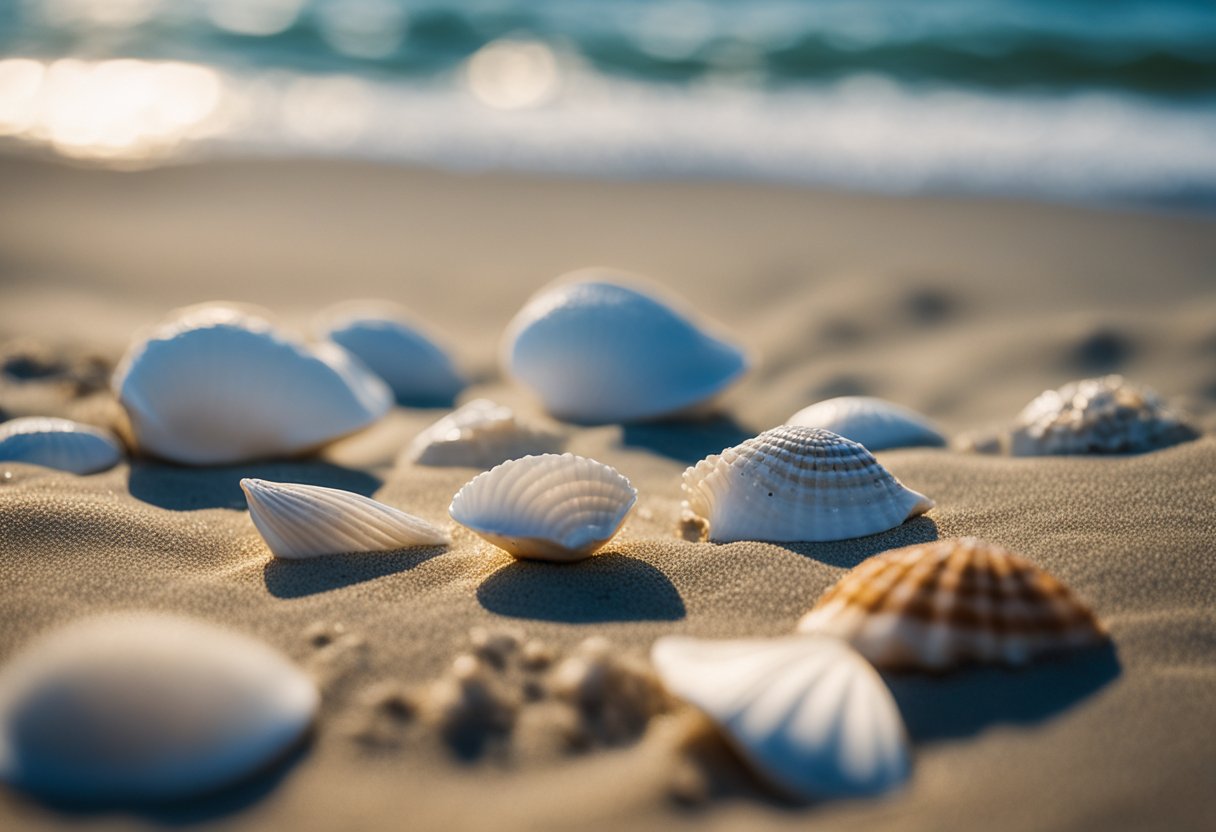 Sandy shorelines with scattered seashells and gentle waves at Robert Moses State Park in New York