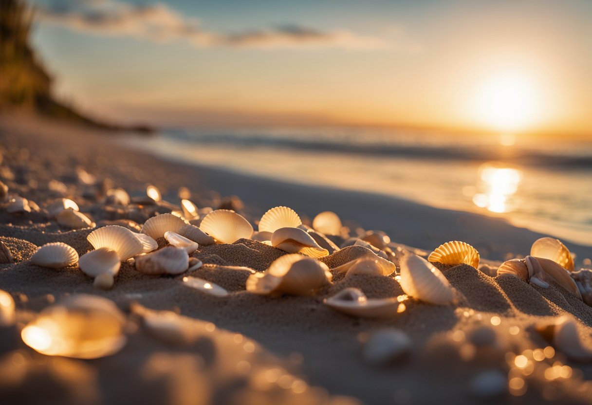 The sun sets over the tranquil shoreline, casting a warm glow on the sandy beach. Seashells glisten in the fading light, scattered along the water's edge, waiting to be discovered