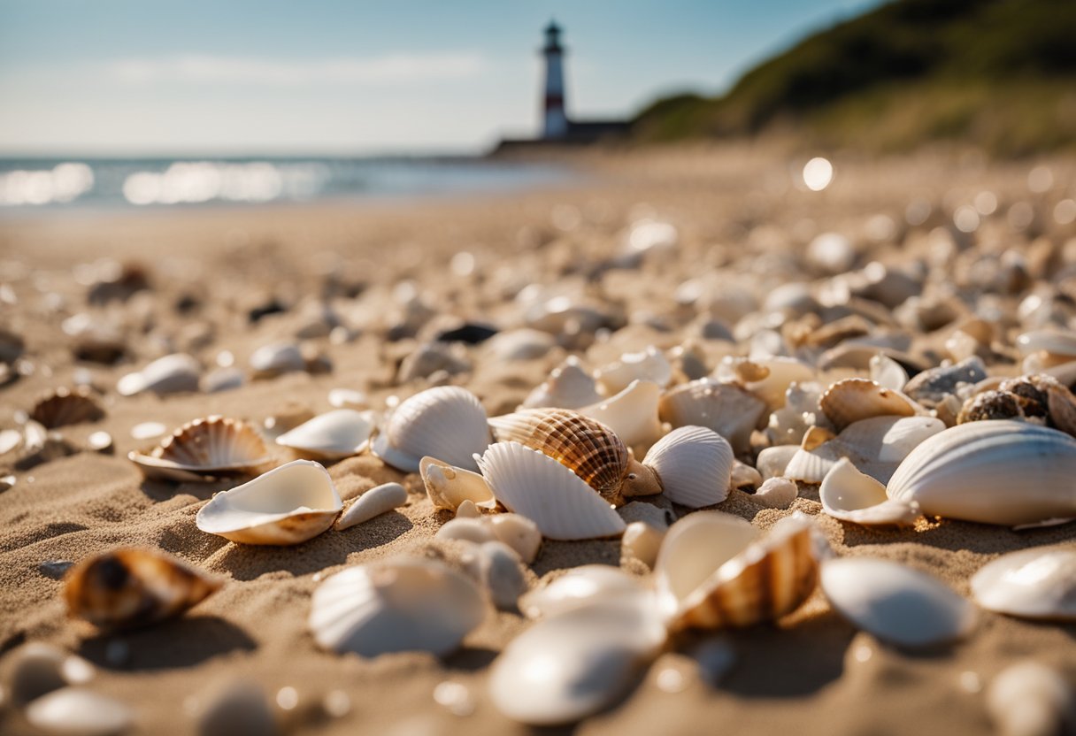 Shells scattered along sandy shore, waves gently breaking, lighthouse in distance, seagulls flying overhead at Montauk Point State Park, New York 2024