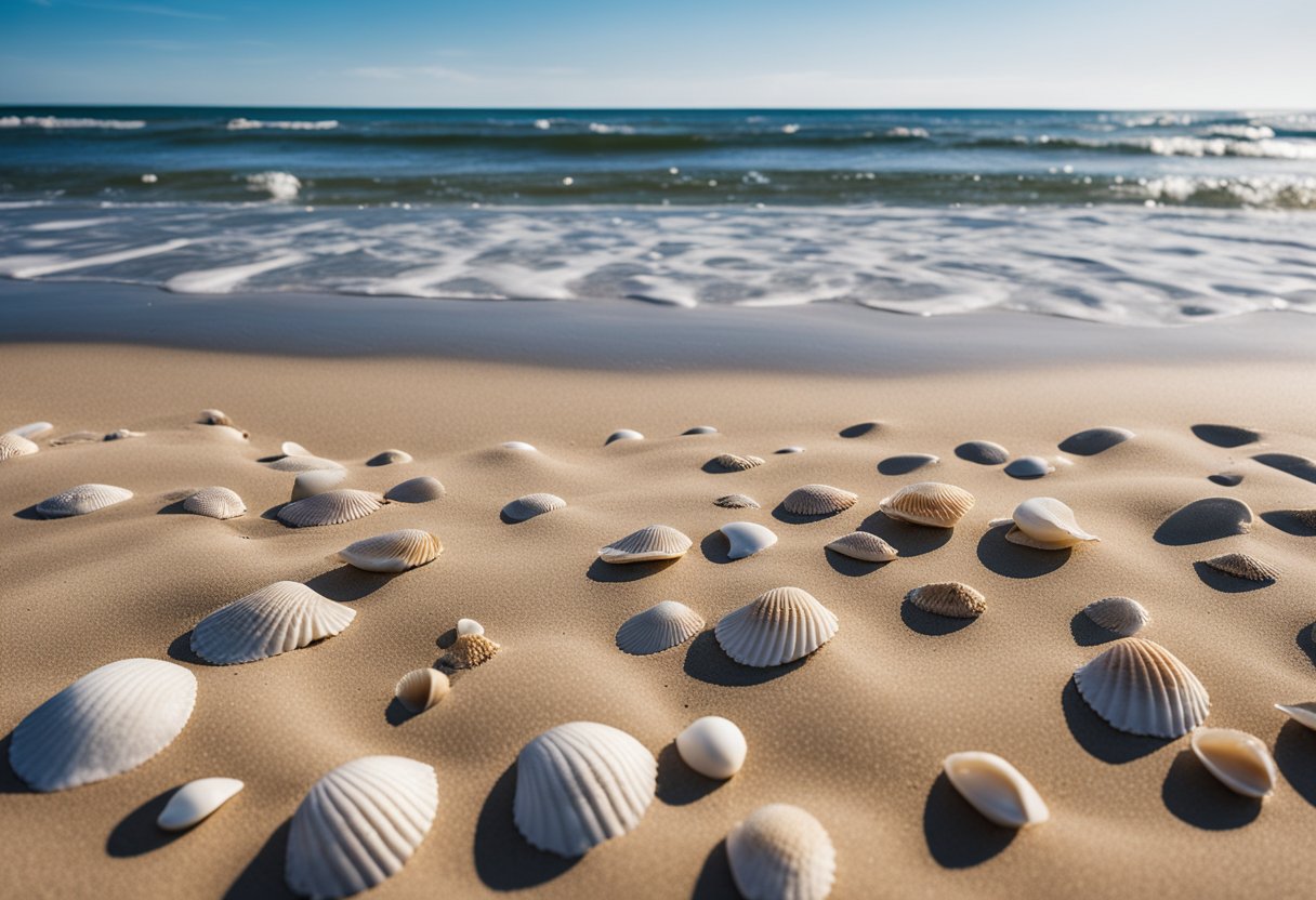 Sandy beach with scattered shells, gentle waves, and distant dunes under a clear sky at Shinnecock East County Park