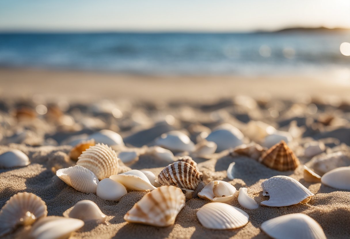 Sandy shore with scattered seashells, gentle waves, and a clear blue sky at Cupsogue Beach County Park, New York