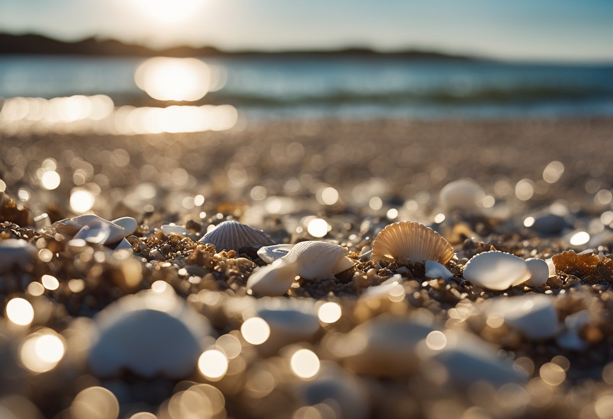 A peaceful shoreline with scattered seashells and gentle waves at Smith Point County Park, New York