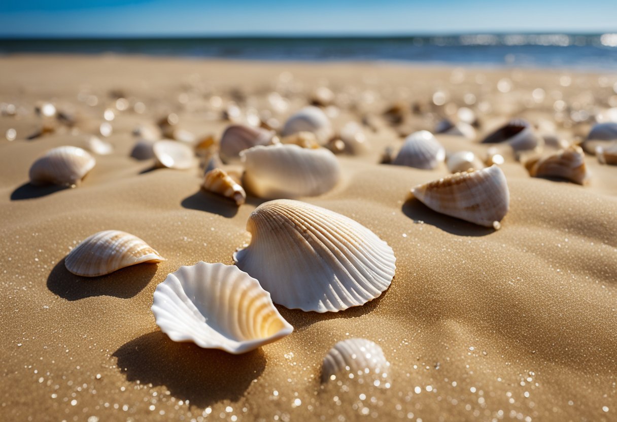 Glistening seashells scattered on golden sand at Sunken Meadow State Park, waves gently lapping the shore under a clear blue sky