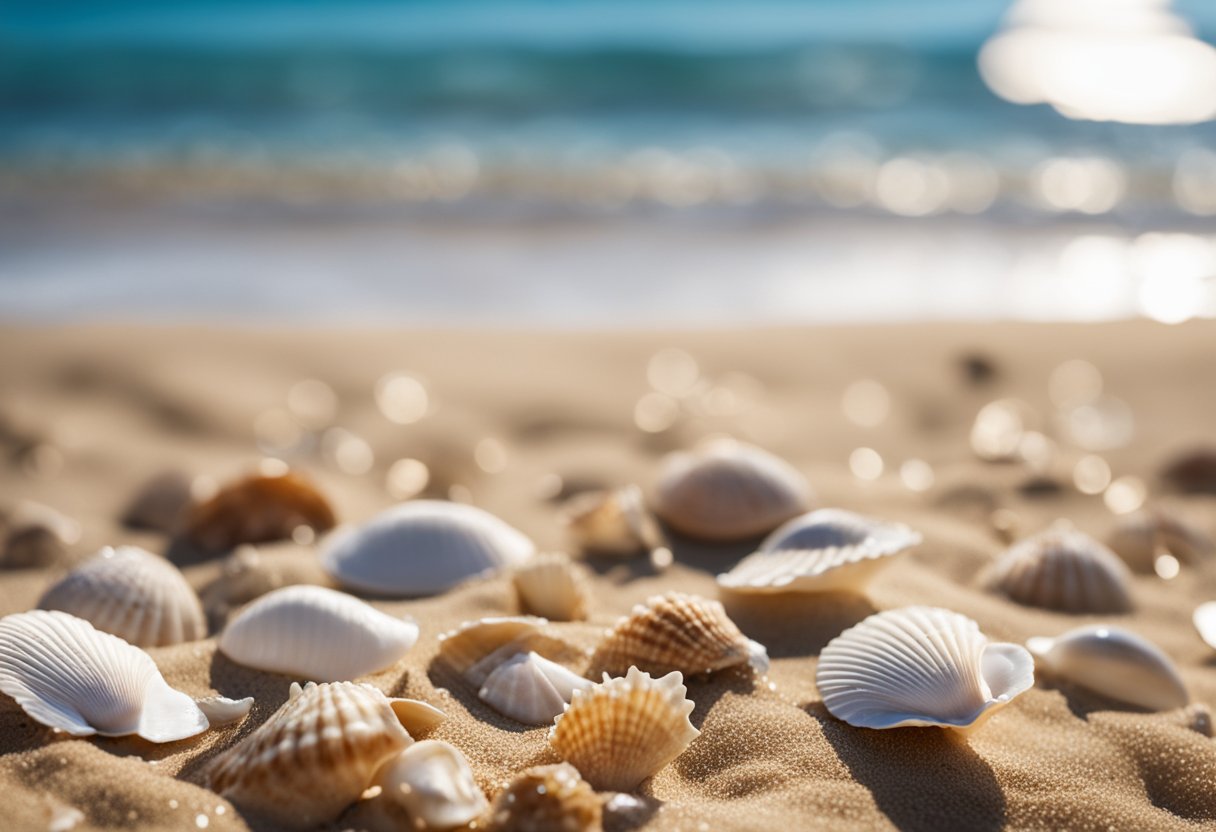 A sandy beach with scattered seashells, waves gently washing ashore, and a clear blue sky above