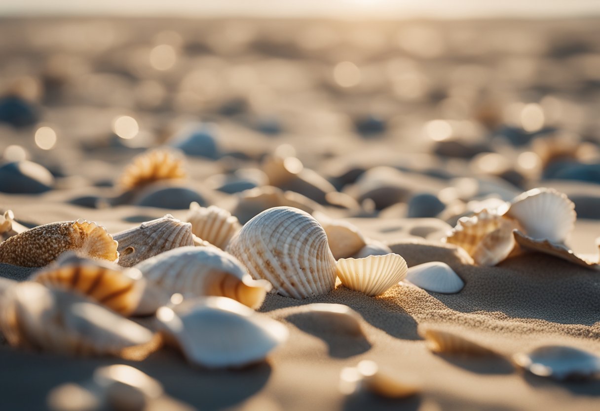 A collection of shells scattered across a sandy beach, with waves gently lapping at the shore in the background