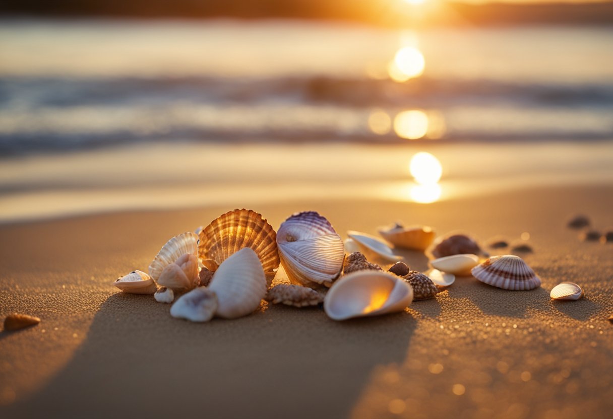 The sun sets over the sandy shore, casting a warm glow on the scattered seashells. Waves gently wash up, revealing a treasure trove of colorful shells waiting to be collected