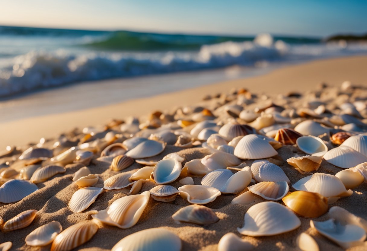 Gentle waves wash up colorful shells on a sandy beach. A sign nearby lists shelling etiquette and conservation tips. The sun sets in the background