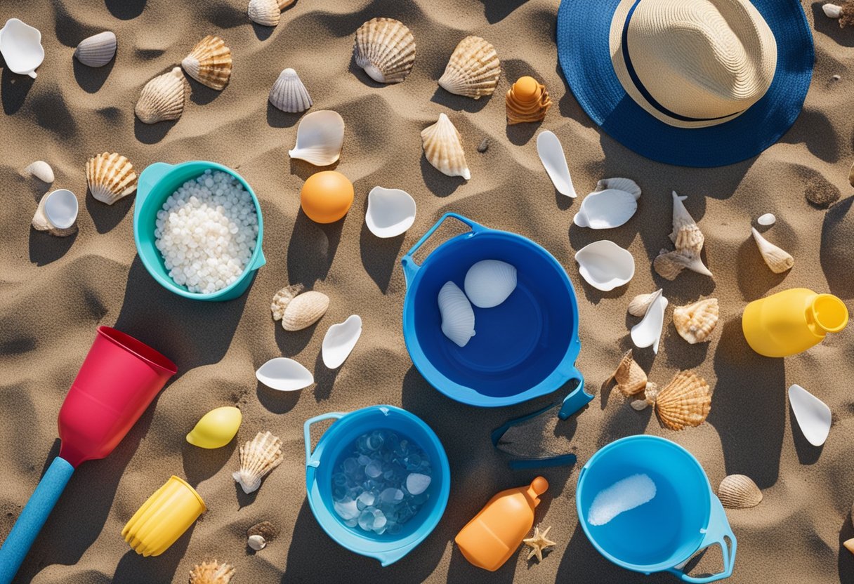 Sandy beach with scattered shells, colorful buckets, and shovels. Sunscreen, hats, and water bottles laid out on a beach towel