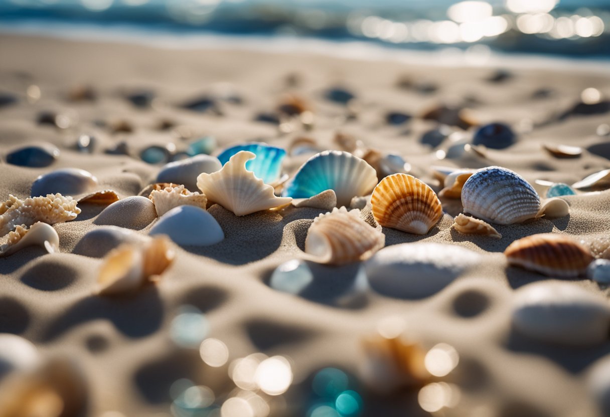 Sandy shorelines strewn with colorful seashells, waves gently washing up on the beach, and a clear blue sky overhead