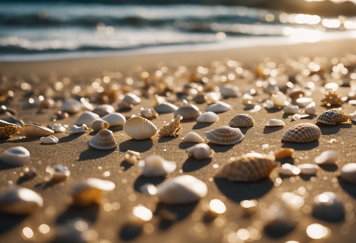 Golden sands stretch along the shore, scattered with countless seashells of all shapes and sizes. The gentle waves lapping at the beach create a serene backdrop for shell collectors