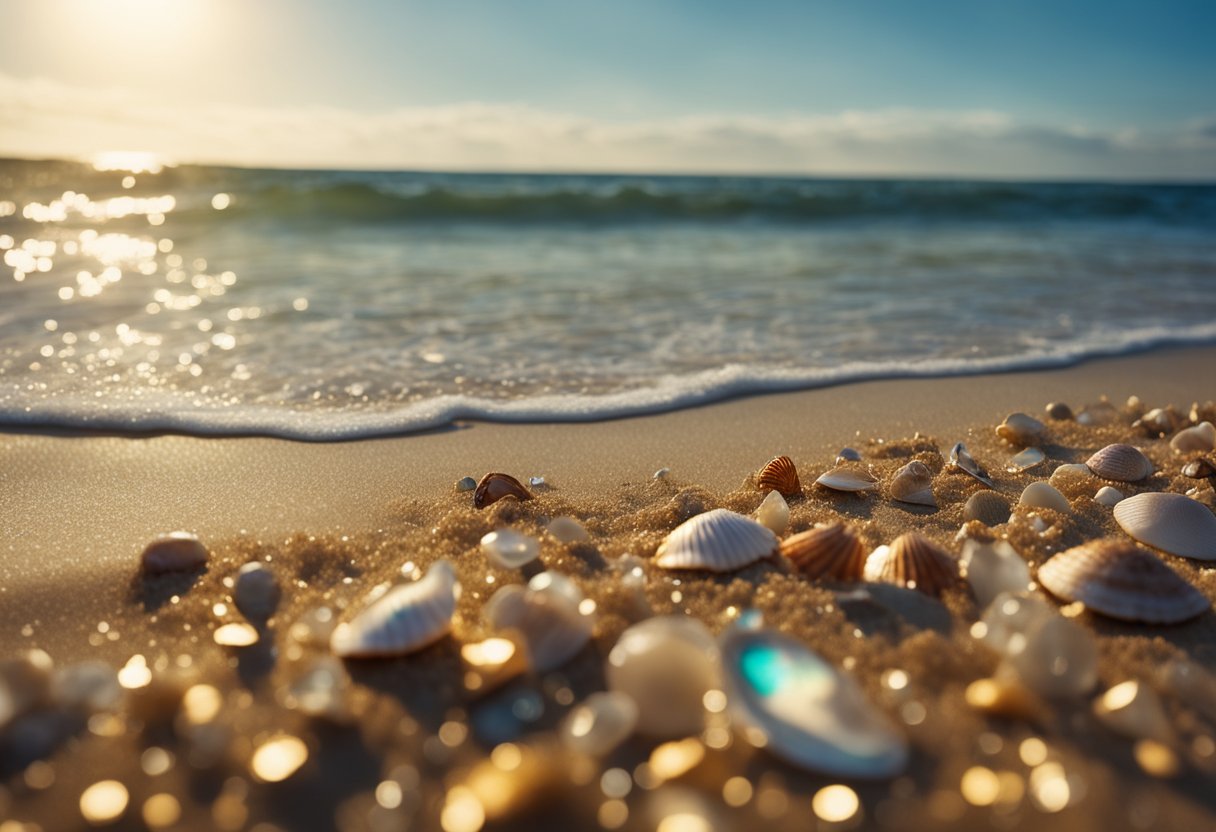 Golden sand stretches along the shoreline, scattered with an array of colorful seashells. The crystal clear water gently laps at the beach, creating a serene and picturesque scene