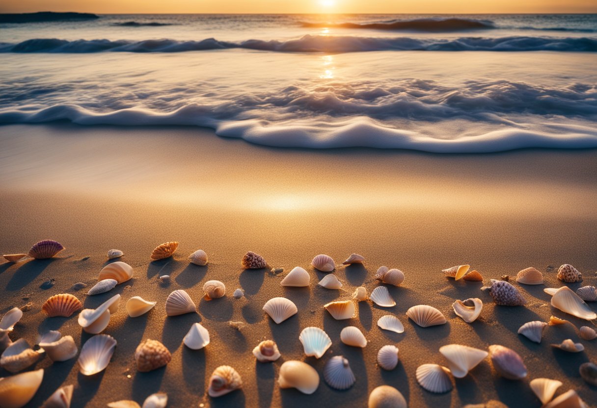 The sun sets over the sandy shore, revealing a collection of colorful seashells scattered along the beach, with gentle waves lapping at the coastline