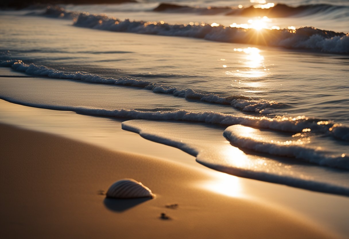 The sun sets over the sandy shoreline of San José Island, with waves gently rolling onto the beach, where a variety of seashells can be seen scattered across the sand