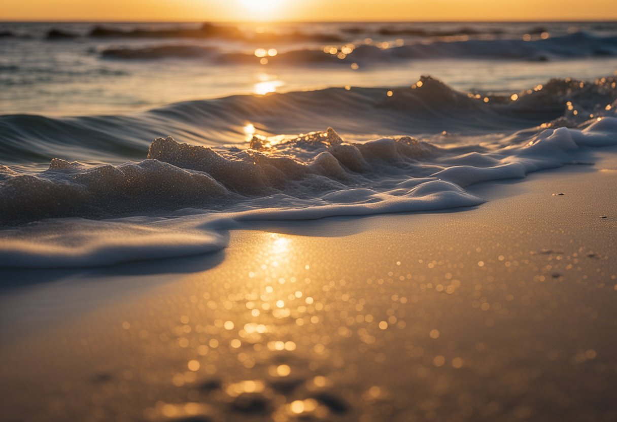 The sun sets over the sandy shores of Bolivar Peninsula, waves gently lapping at the beach. Seashells of all shapes and sizes scatter the shore, waiting to be discovered by beachcombers