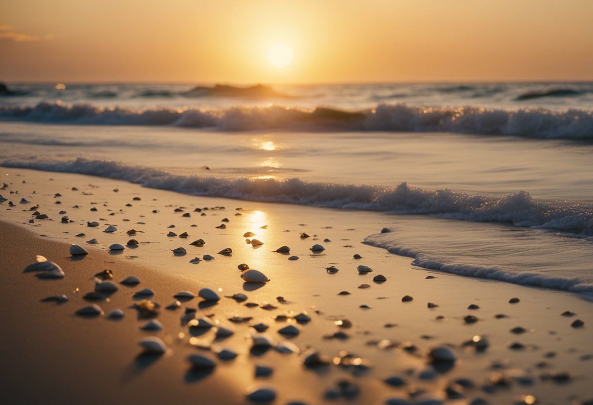 Seashells scattered across sandy beaches, waves gently washing ashore, seagulls soaring overhead, and the sun setting on the horizon