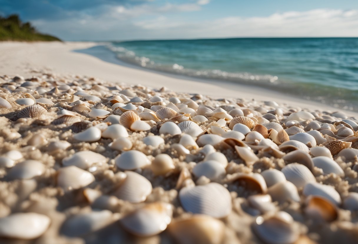 A serene stretch of sandy shoreline lined with an abundance of seashells, gently lapped by the clear waters of the Gulf of Mexico