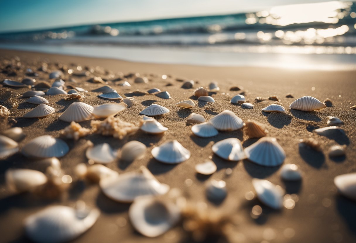 A sandy beach with seashells scattered along the shoreline and clear blue water stretching out to the horizon