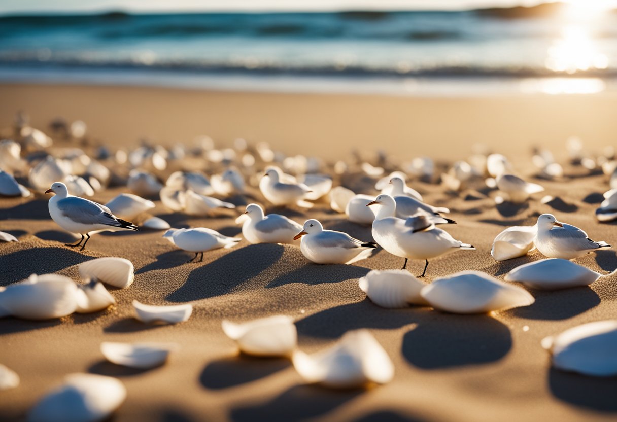 Sandy beach with scattered shells, gentle waves, and a clear blue sky. Seagulls fly overhead as the sun glistens on the water