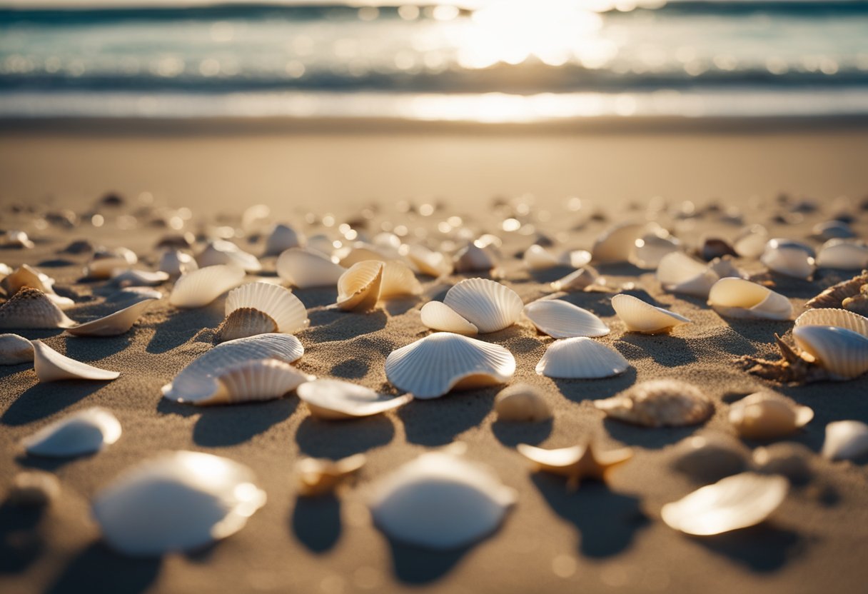 Shells scattered on sandy beach, waves gently lapping. Sun shines overhead, seagulls circle. Texas coastline stretches into the distance