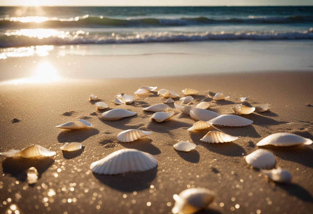 Glistening shells scattered on sandy shore, waves gently lapping. Seagulls soar overhead, sun casting warm glow. Texas coastline stretches into distance