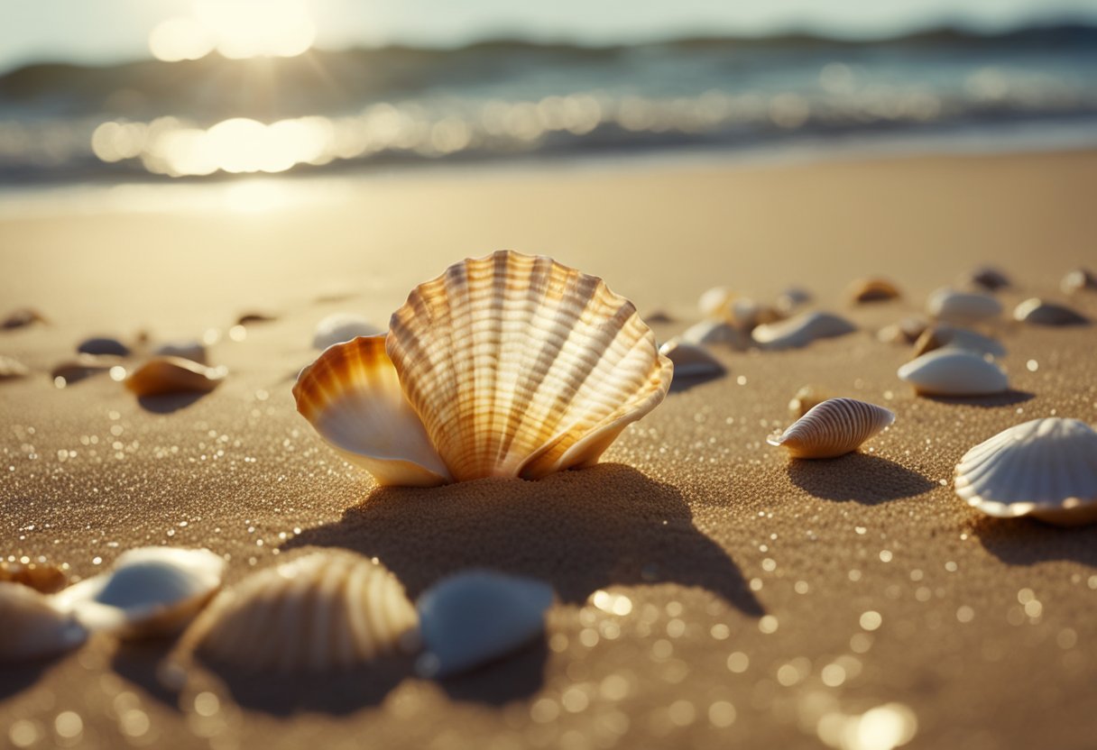 Various shells scattered on sandy beach, waves gently washing ashore. Sunlight casting warm glow on colorful shells. Seagulls flying overhead