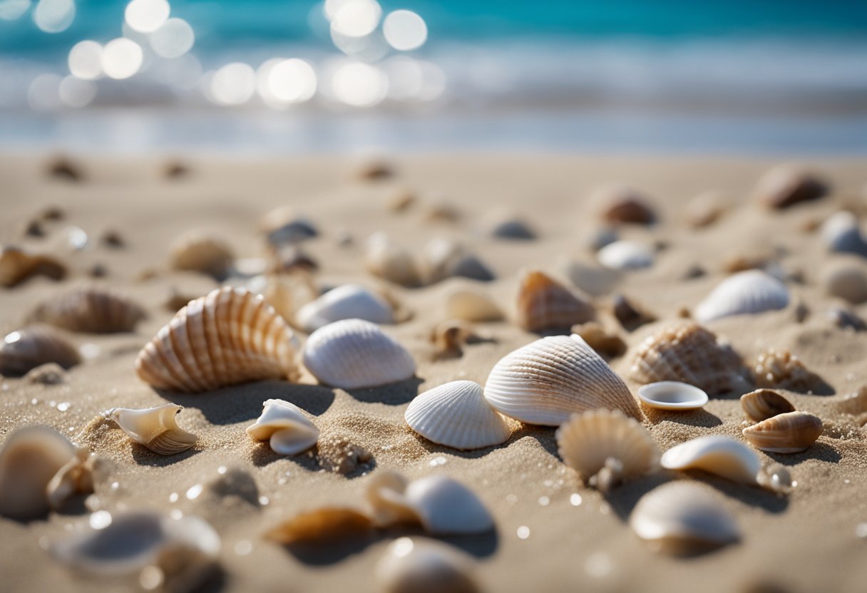 A sandy beach with scattered shells, clear blue water, and a gentle breeze. Seashells of various shapes and sizes are strewn across the shore, with a sense of tranquility and natural beauty