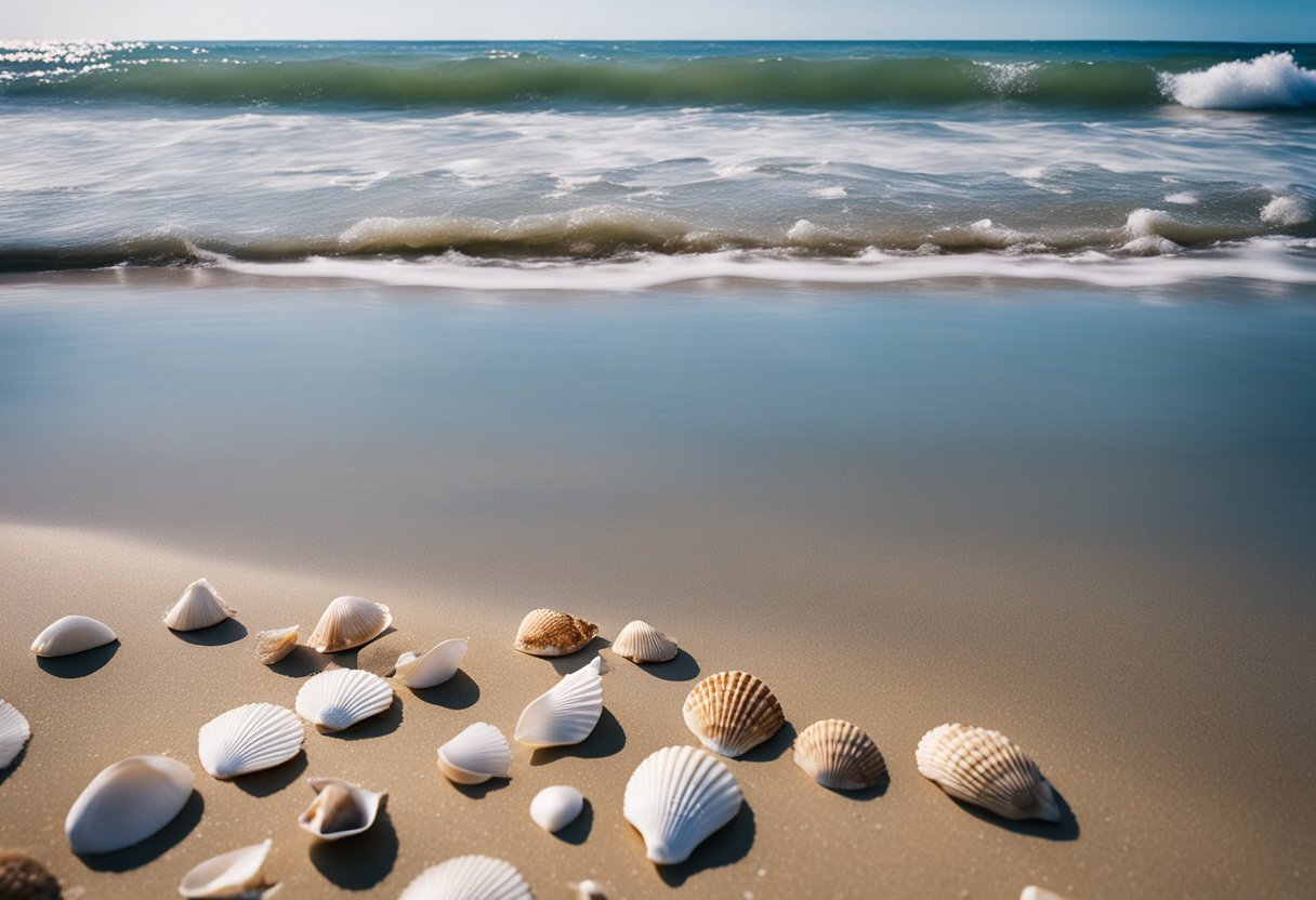 Sandy shore with scattered seashells, waves gently washing up, seagulls flying overhead, and a clear blue sky with a few fluffy clouds